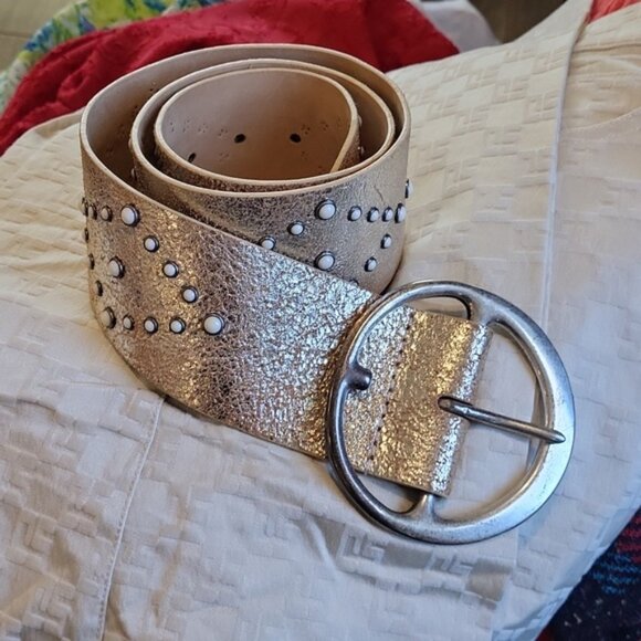Another Line Inc. Leather White Studded Belt Solid Brass Silver Buckle Medium